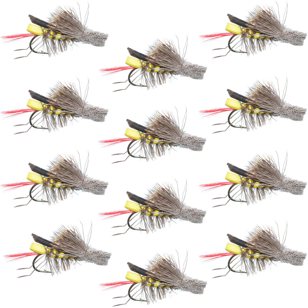Daves Hopper Yellow Foam Body Grasshopper Fly - 1 Dozen Flies Size 12