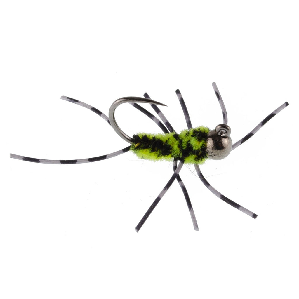 Barbless Pat's Rubber Legs Tungsten Black/Chartreuse Euro Nymph 6 Flies #6