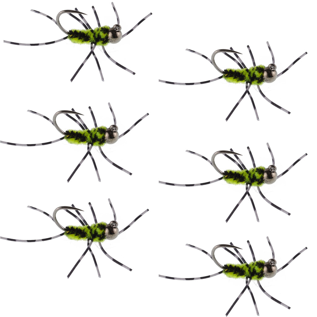 Barbless Pat's Rubber Legs Tungsten Black/Chartreuse Euro Nymph 6 Flies #6