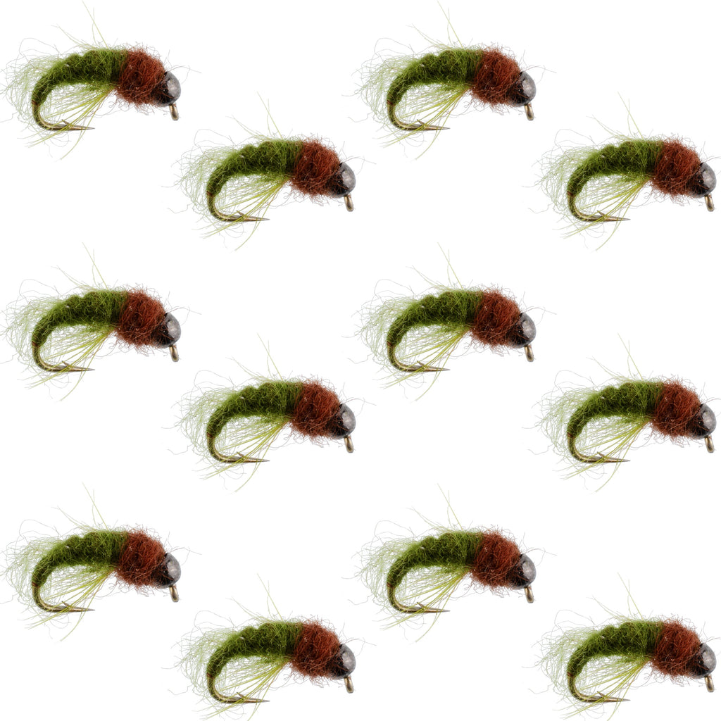 Bead Head Olive Brown Caddis Larva Nymph 12 Flies - Hook Size 14