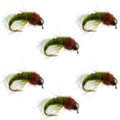 Bead Head Olive Brown Caddis Larva Nymph 6 Flies - Hook Size 14