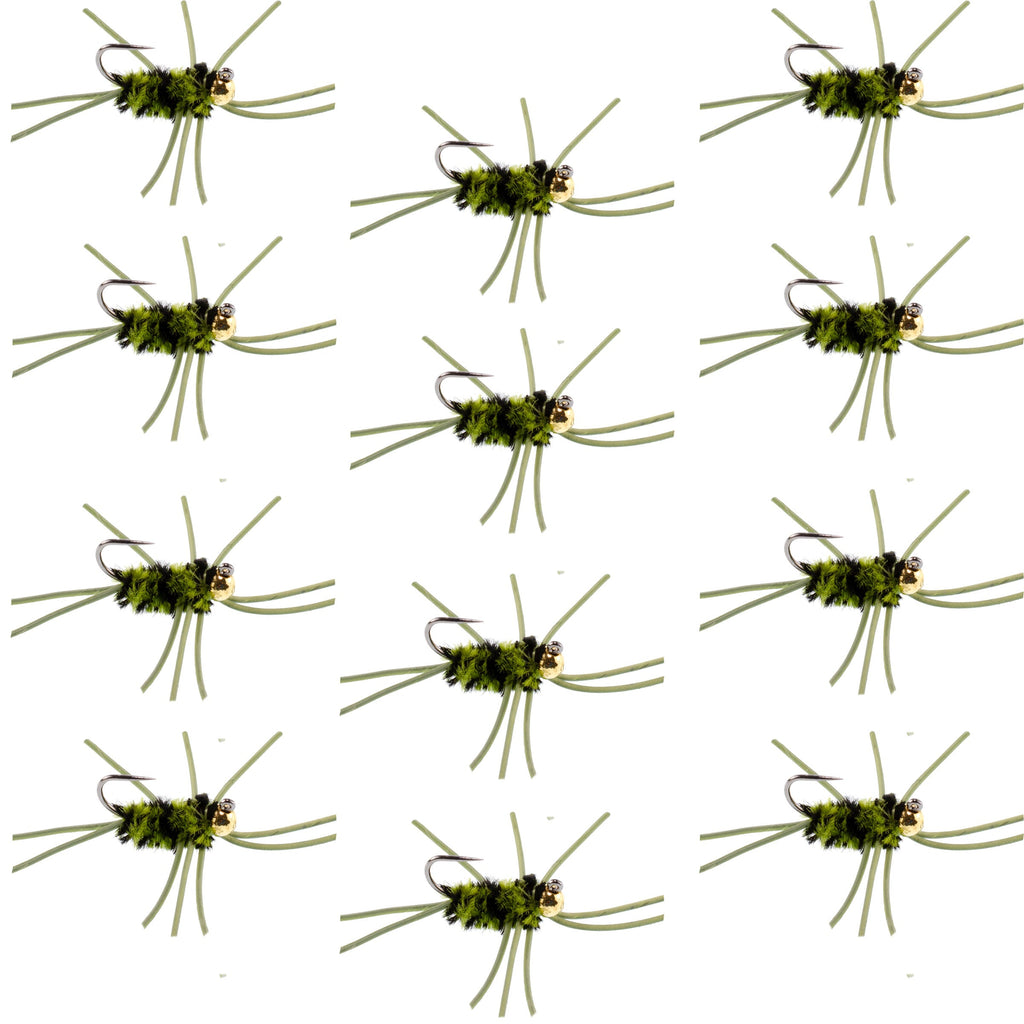 Pat's Rubber Legs Tungsten Jig Black/Olive Euro Nymph 12 Flies Size 10