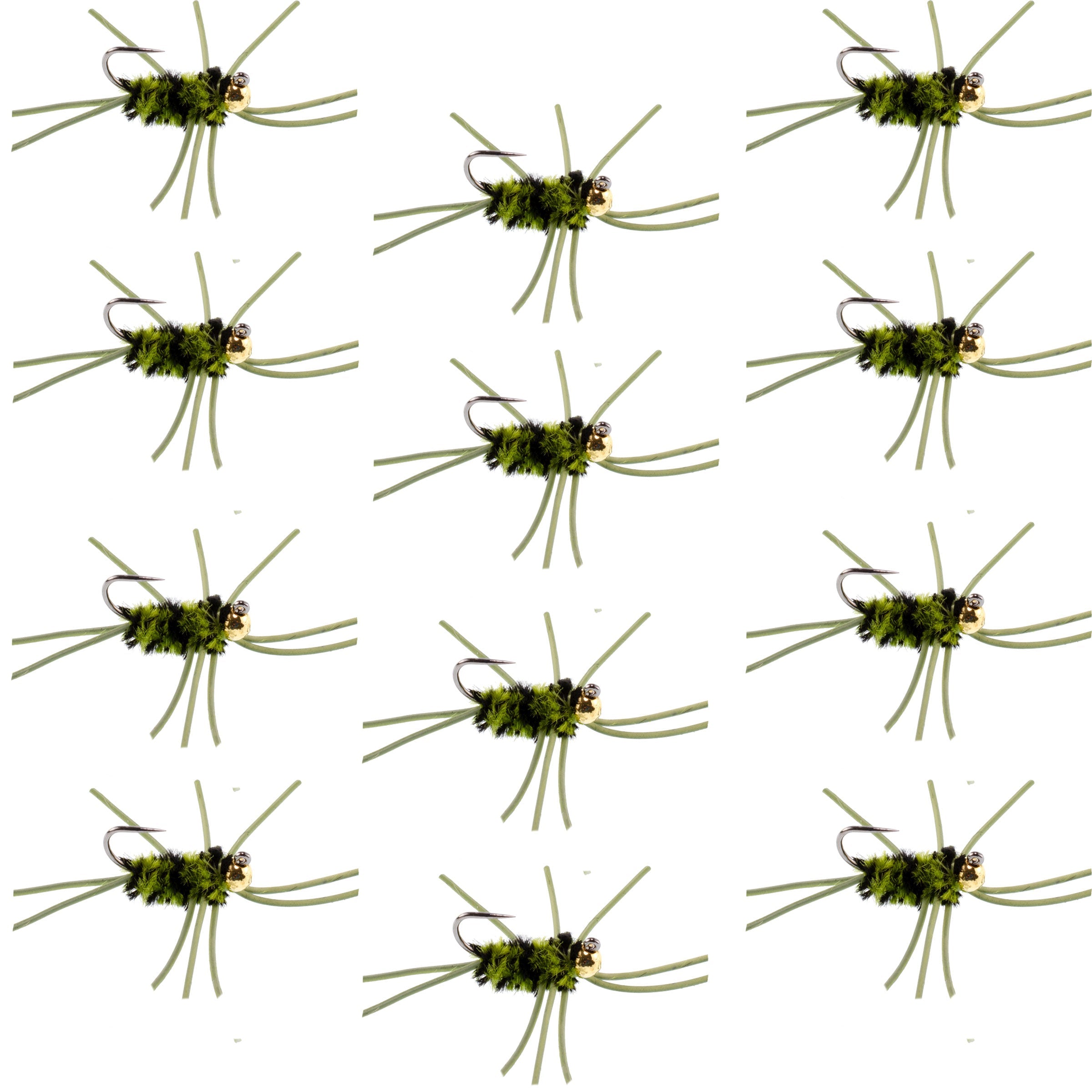 Pat's Rubber Legs Tungsten Jig Black/Olive Euro Nymph 12 Flies Size 10