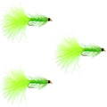 3 Pack Chartreuse Bead Head Crystal Woolly Bugger Streamer Fly - Size 4