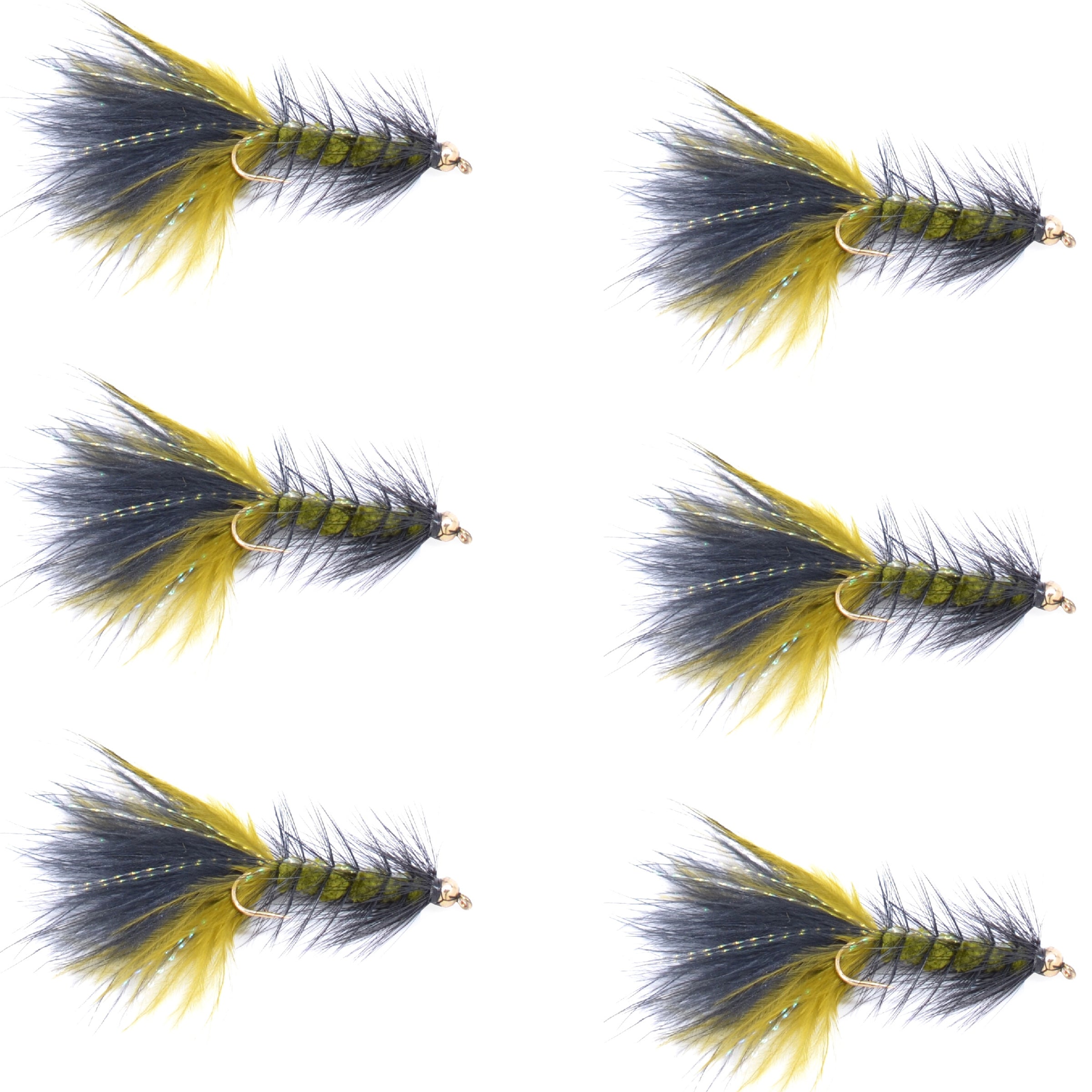 Olive Black Bead Head Crystal Woolly Bugger Streamer - 6 Flies - Size 8